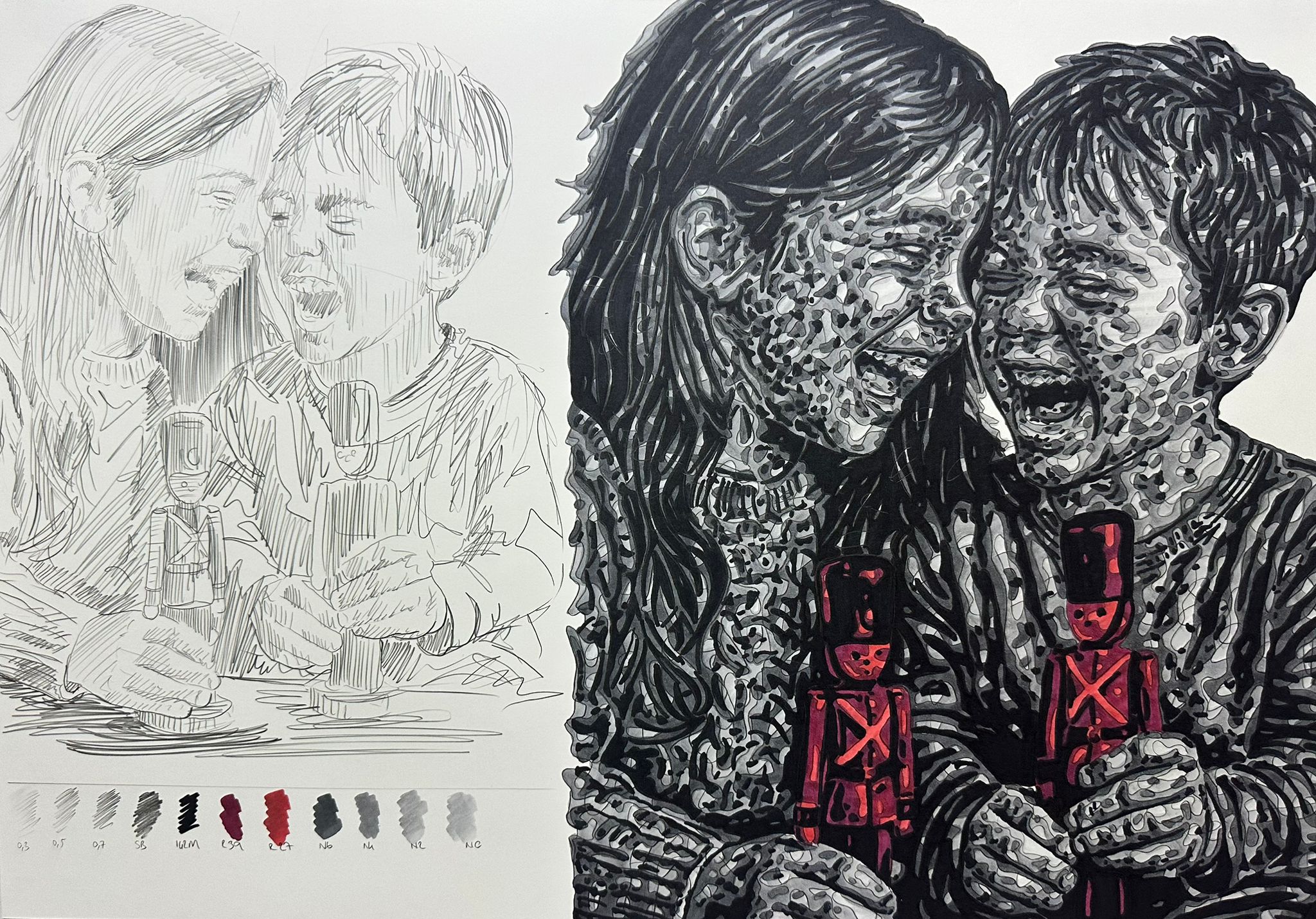 Sefa Çakır, “Dual”, 35x50cm, Kağıt üzerine Marker, 2025.